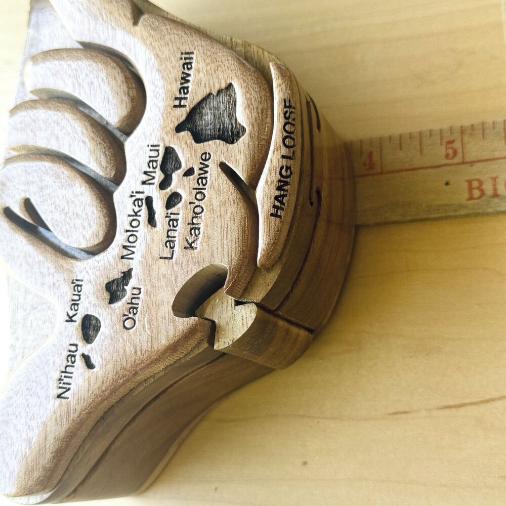 VTG Carved Wood Hawaii Hang Loose Hand Puzzle Box W Carved Islands Trinket Box - Picture 14 of 15